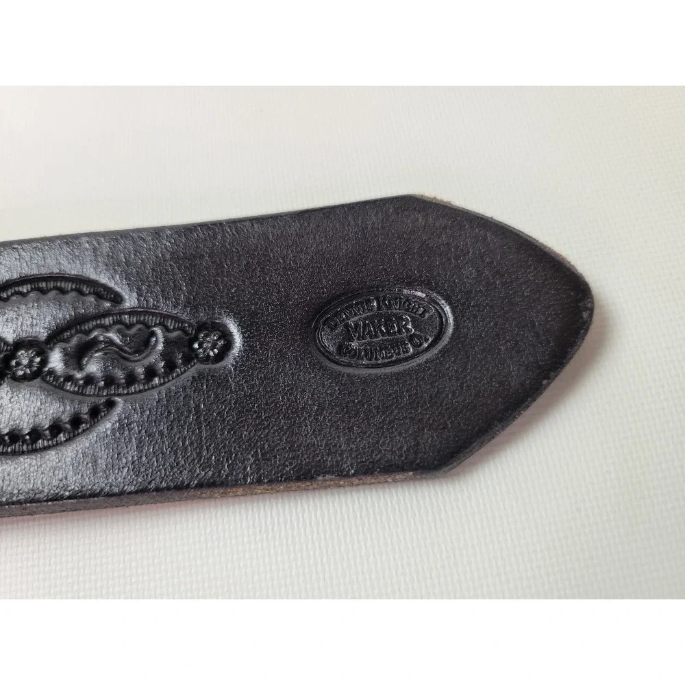 Dennis Knight Black Tooled Leather Horse‎ Head Belt Solid Brass Buckle USA Made
